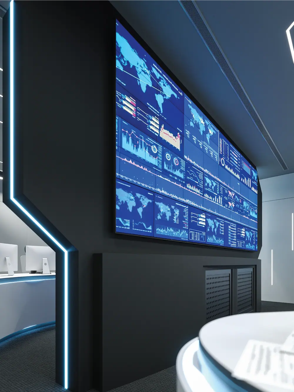 Emircom command centre video wall and LED-lit operator consoles by AGC, Abu Dhabi